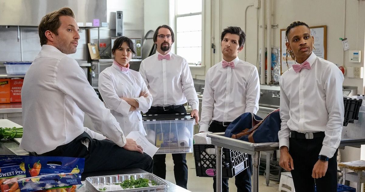 Martin Starr, Adam Scott, Ryan Hansen, Zoe Chao, & Tyrel Jackson Williamsin in a kitchen in Party Down season 3.